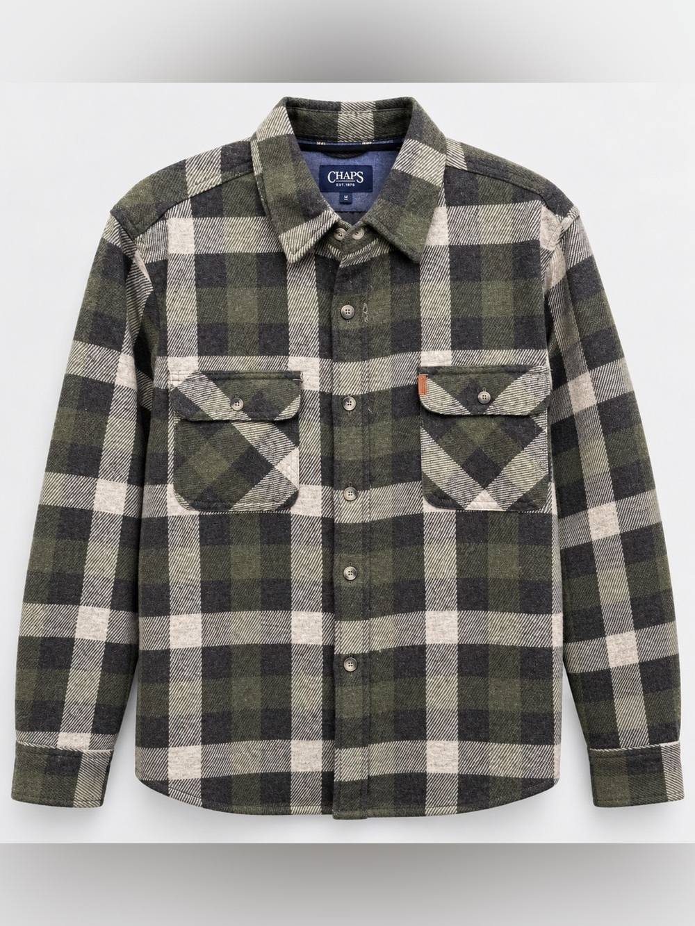 Chaps Men's Olive Green and Cream Plaid Button-Down Shirt Jacket